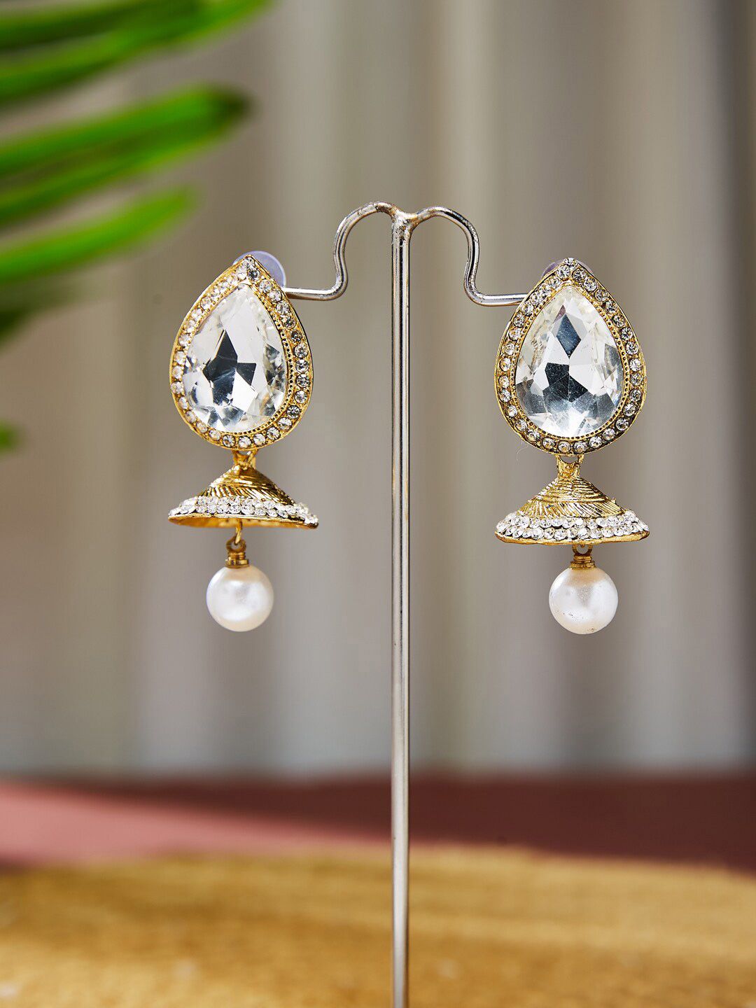 ATIBELLE Gold-Plated Stone Studded Contemporary Jhumkas
