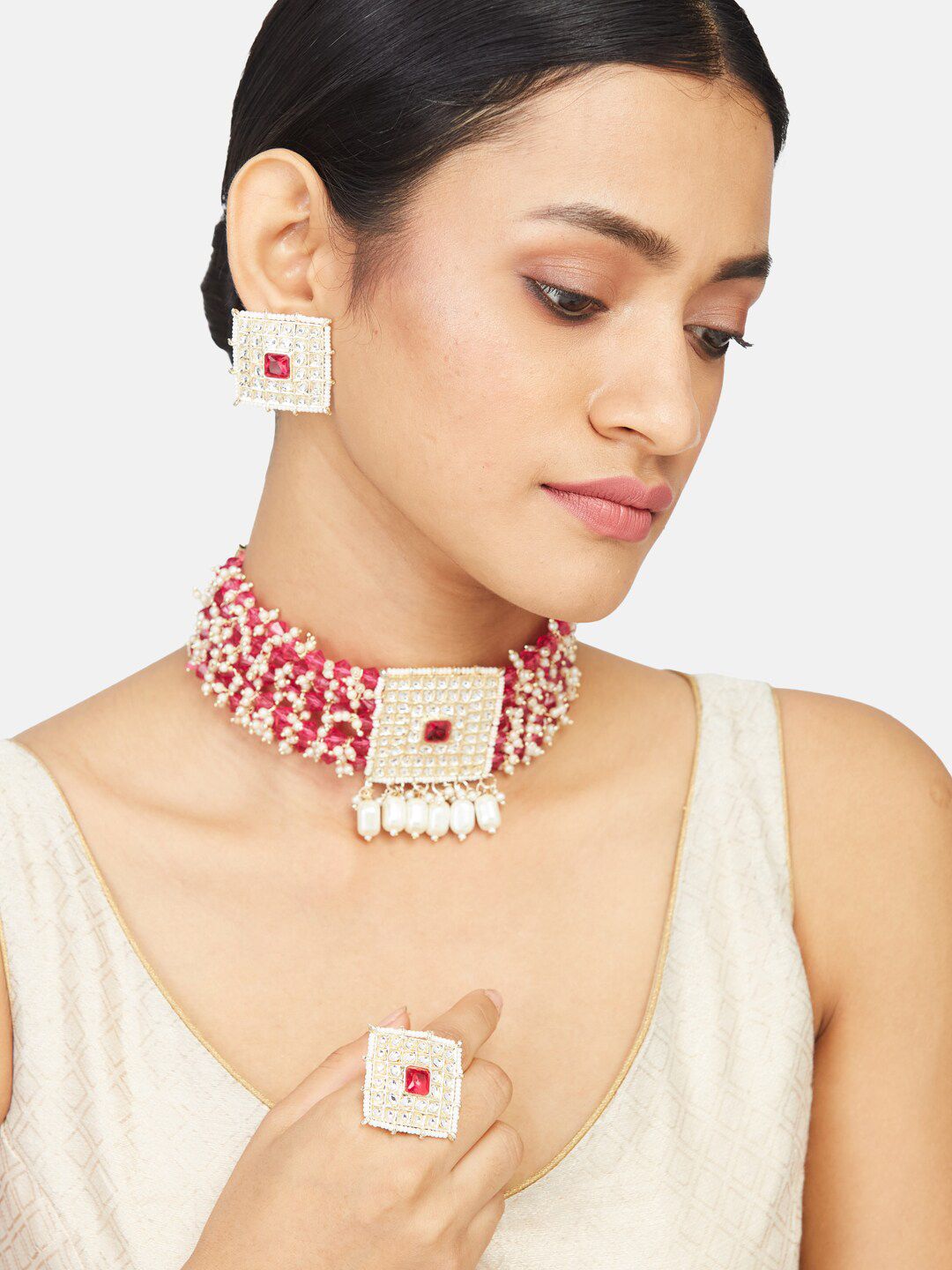 ATIBELLE Gold Plated Kundan Studded & Beaded Jewellery Set