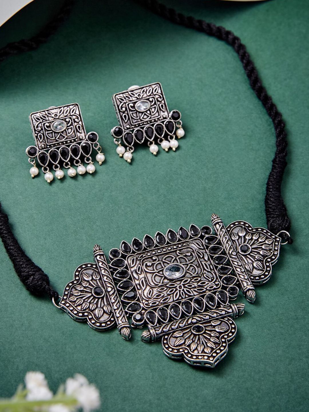 ATIBELLE German Silver Plated Stone Studded & Beaded Jewellery Set