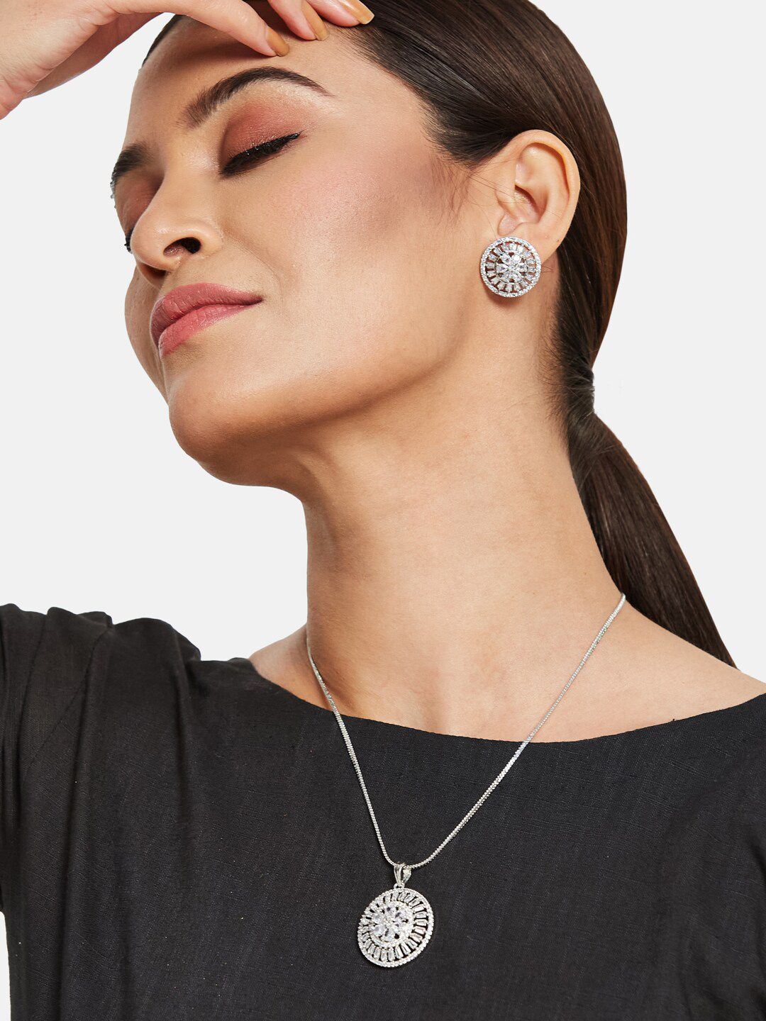 ATIBELLE Silver Plated Cubic Zirconia Studded Jewellery Set