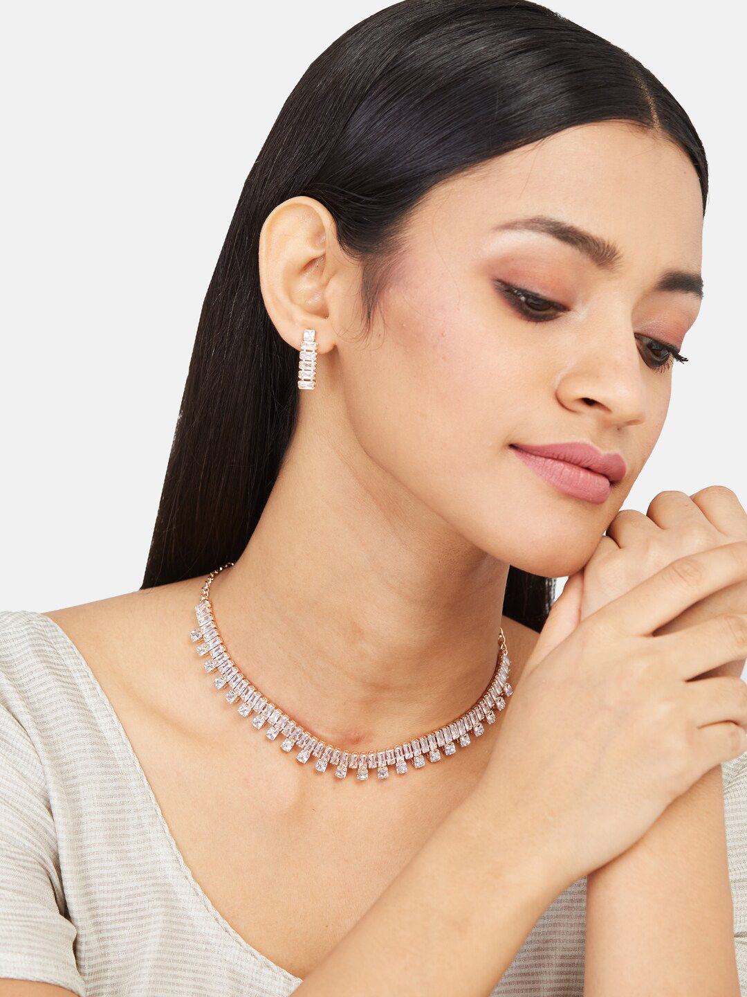 ATIBELLE Rose Gold Plated Cubic Zirconia Studded Jewellery Set