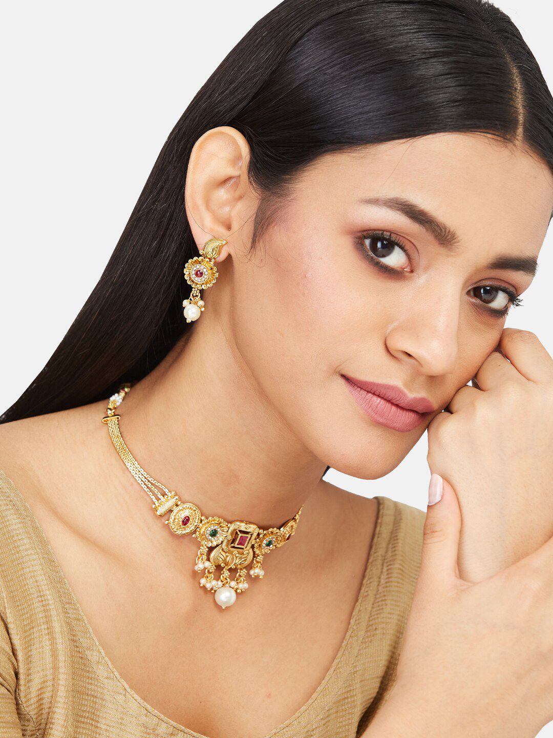 ATIBELLE Gold Plated Stone Studded Jewellery Set