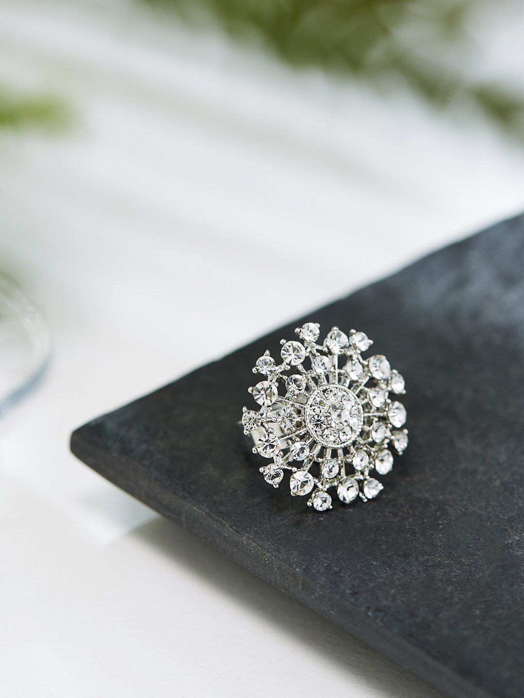 ATIBELLE Silver-Plated Cubic Zirconia Studded Ring