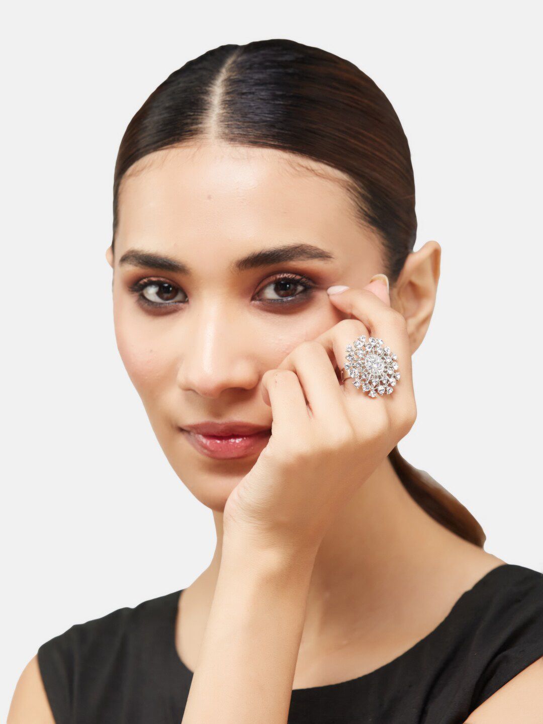 ATIBELLE Silver-Plated Cubic Zirconia Studded Ring