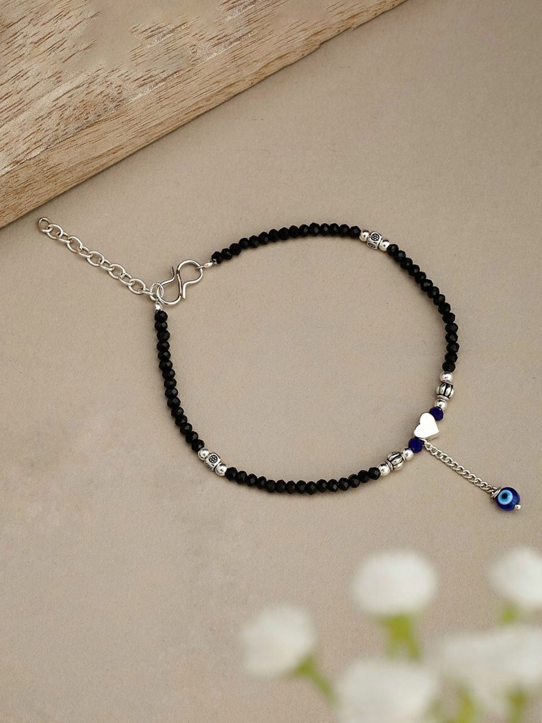 ATIBELLE Silver Plated Evil-Eye Stone Studded & Beaded Anklet