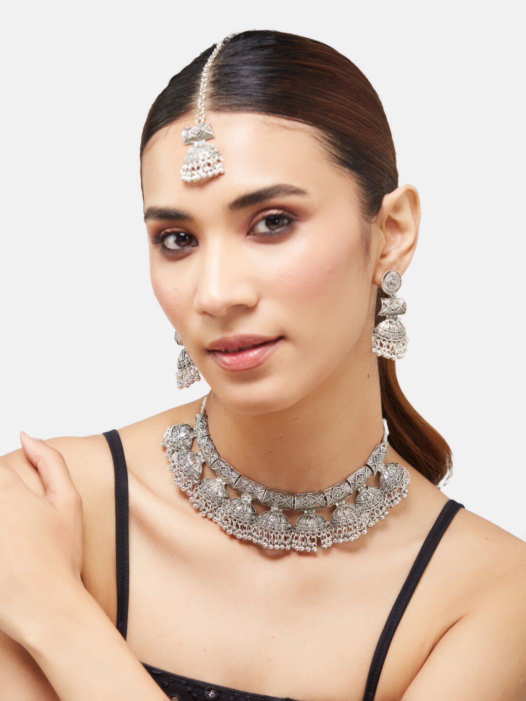 ATIBELLE German Silver Plated Stones Studded & Beaded Jewellery Set