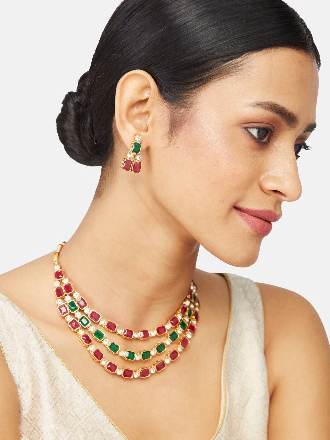 ATIBELLE Gold Plated Kundan Stone Studded & Layered Jewellery set
