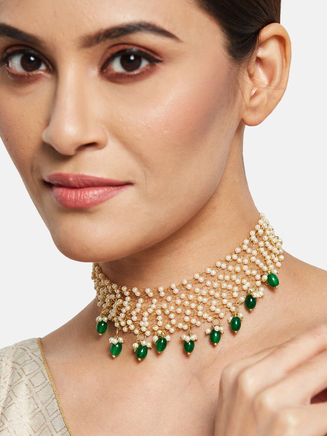 ATIBELLE Gold-Plated Stone-Studded & Beaded Brass Choker Necklace