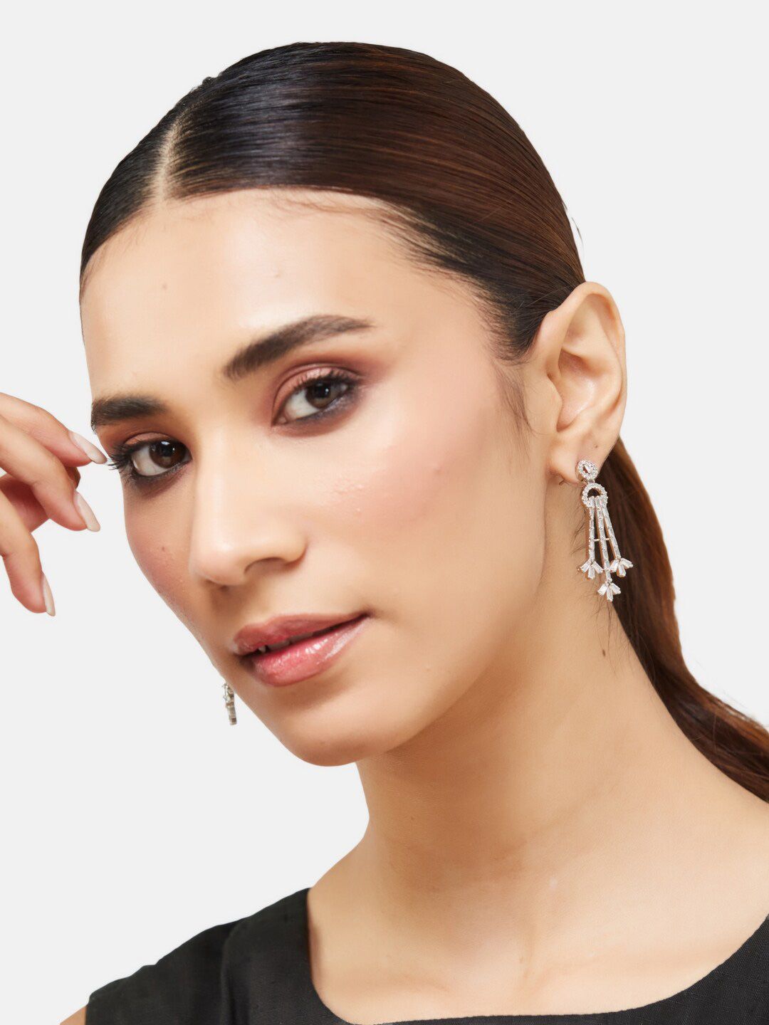 ATIBELLE Silver-Toned Silver-Plated Cubic Zirconia Drop Earrings