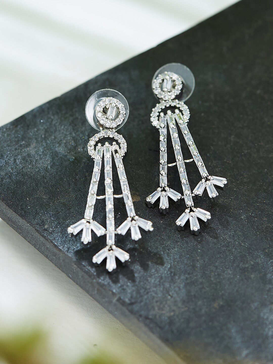 ATIBELLE Silver-Toned Silver-Plated Cubic Zirconia Drop Earrings