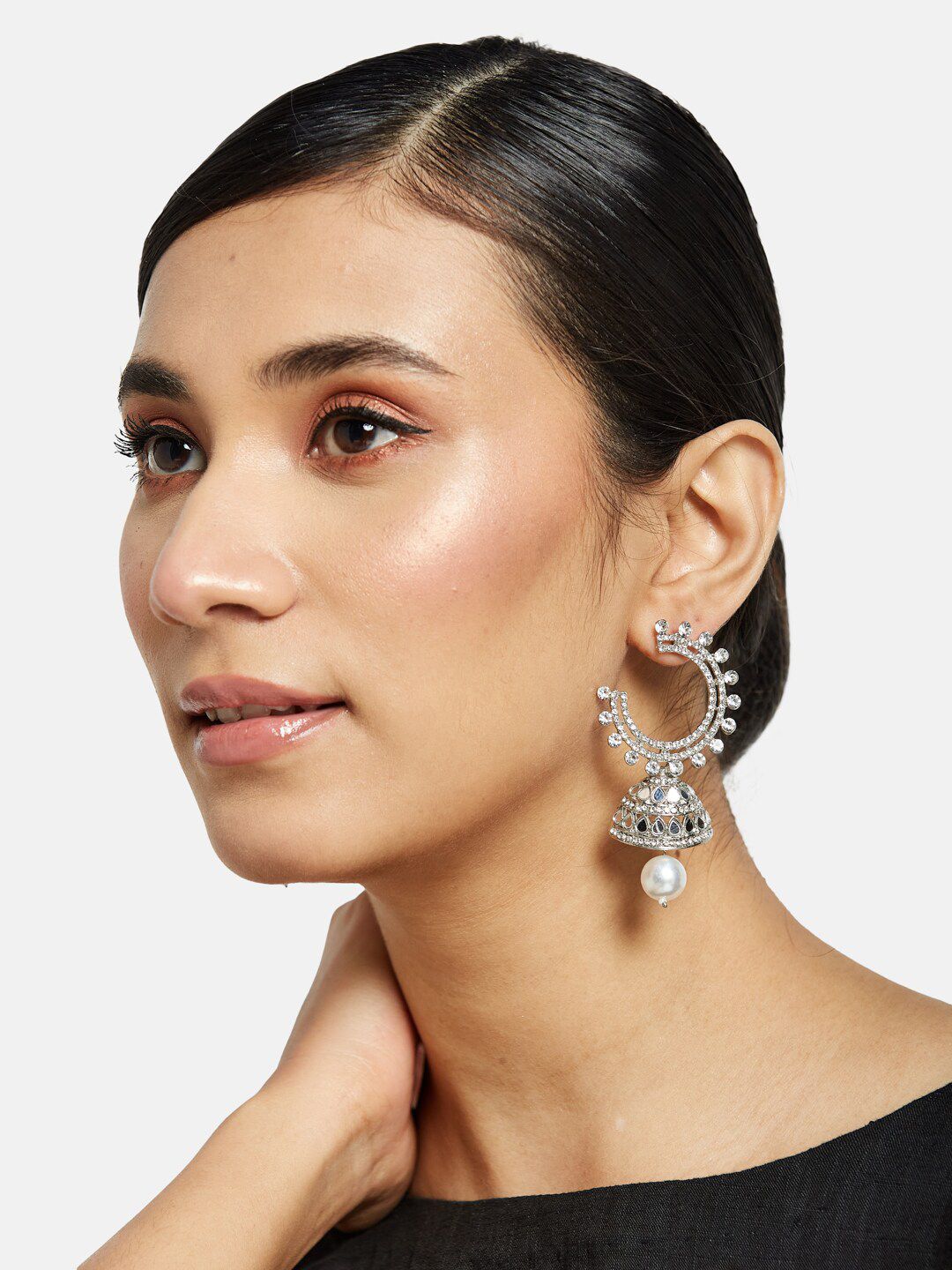 ATIBELLE Silver-Toned Silver-Plated Dome Shaped Jhumkas