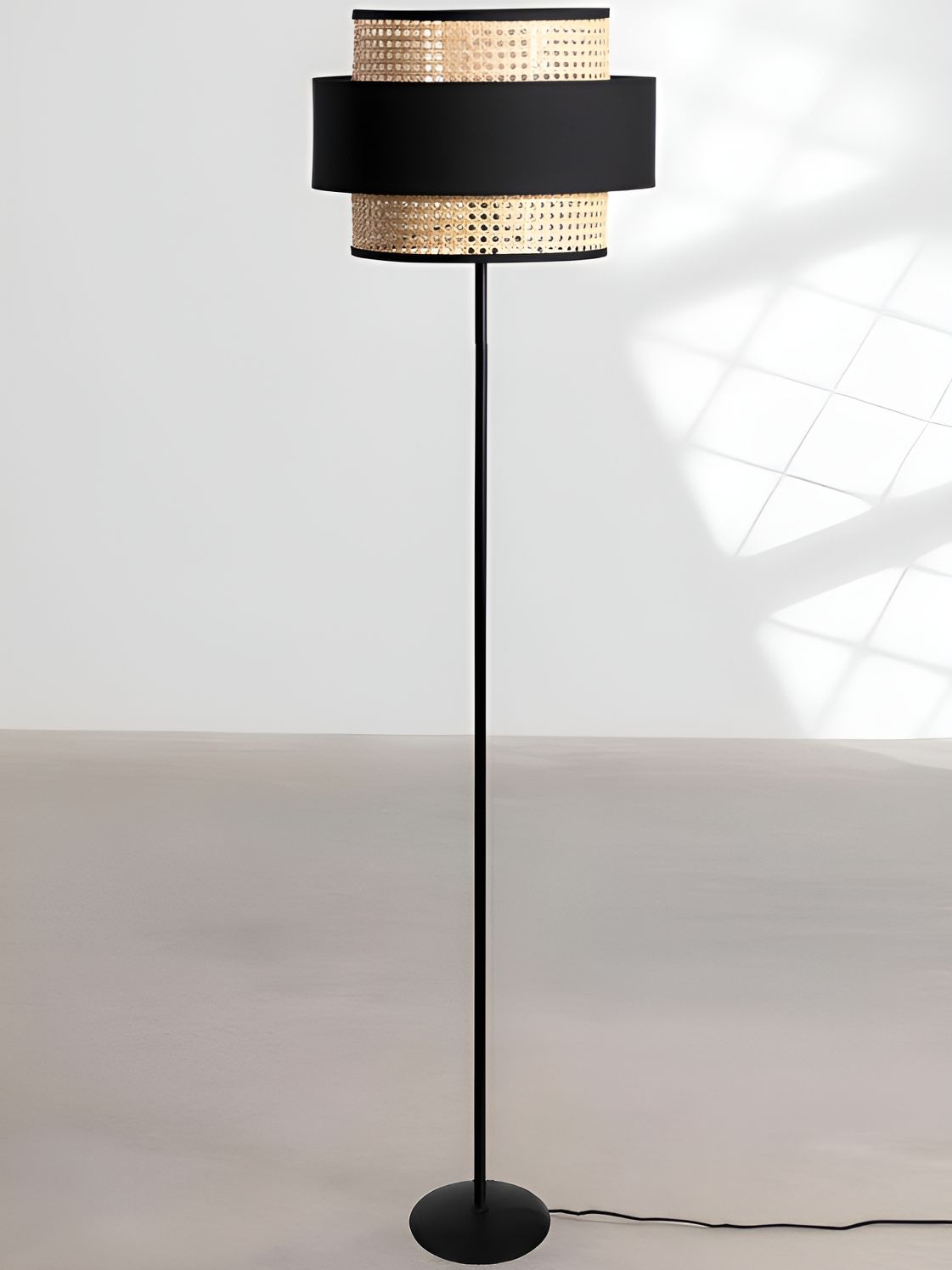 akway Black & Beige Textured Cane Webbing Wooden Cylindrical Floor Lamp-image-21