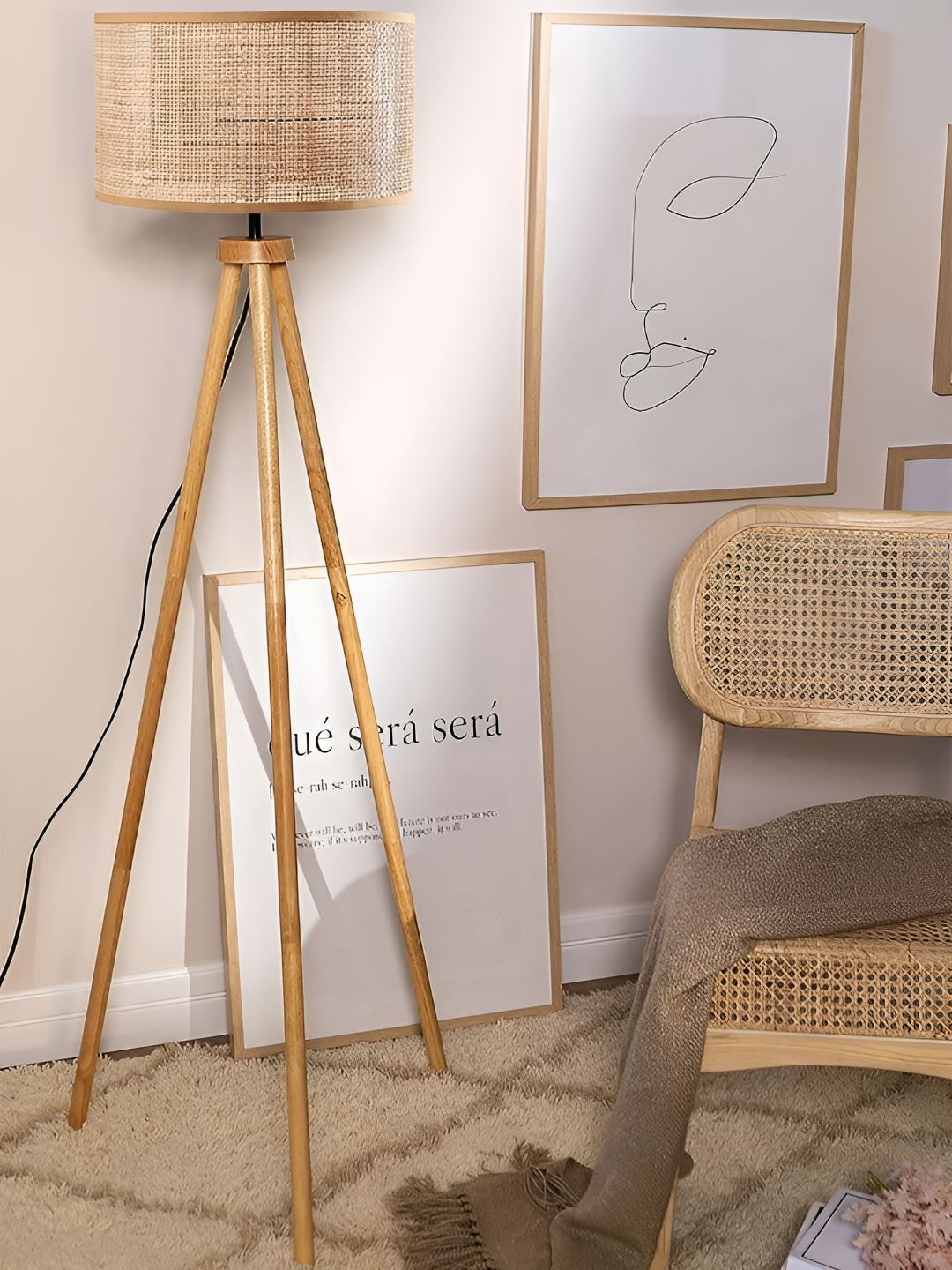 akway Beige Textured Cane Webbing Wooden Cylindrical Floor Lamp-image-45