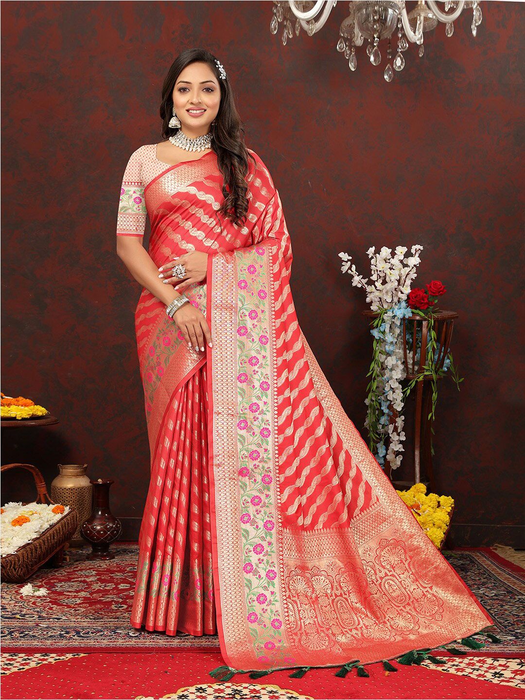 Red Lurex Zari Striped Lightweight Girlish Leheriya Saree
