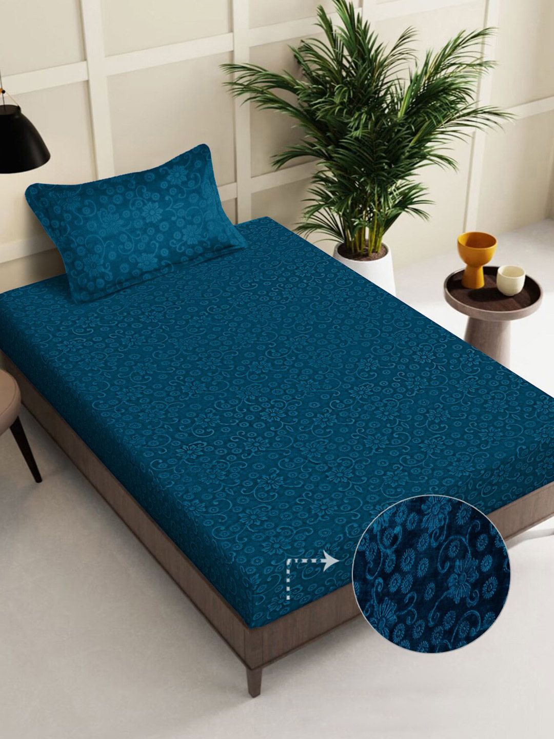 FABINALIV Turquoise Blue Floral Woollen 300 TC Single Bedsheet With 1 Pillow Covers-picture-10