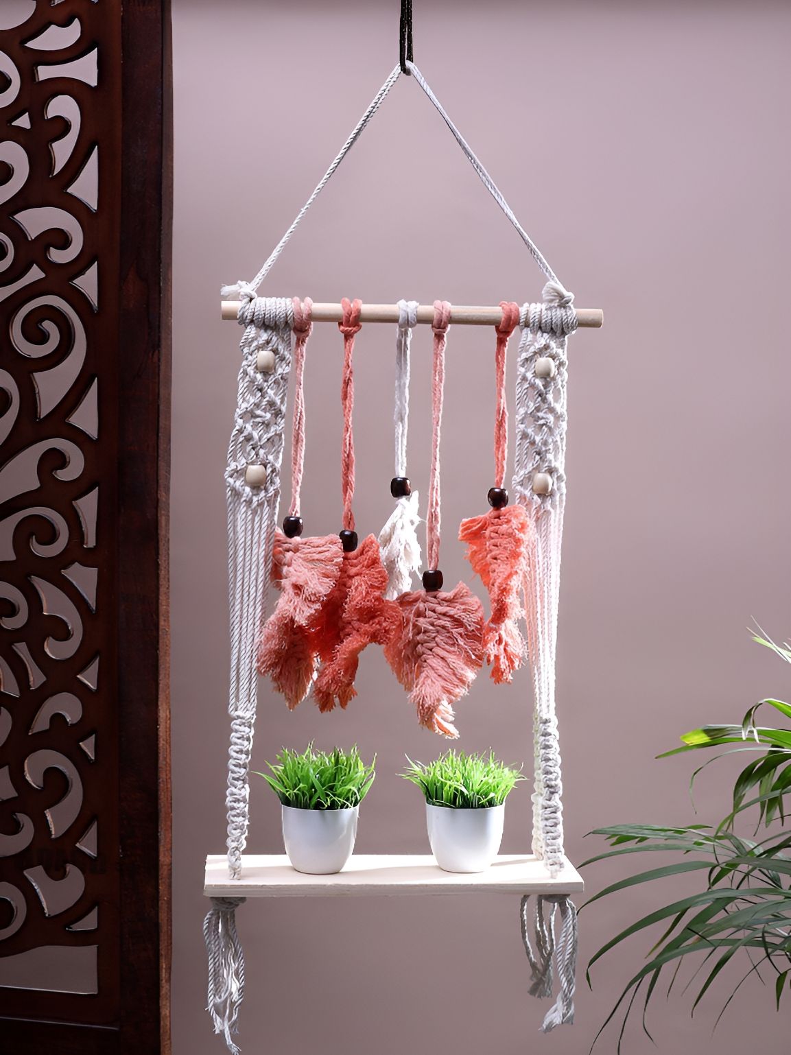 Akaar Dcor White & Peach-Coloured Boho Macrame Wall Shelf-image-21