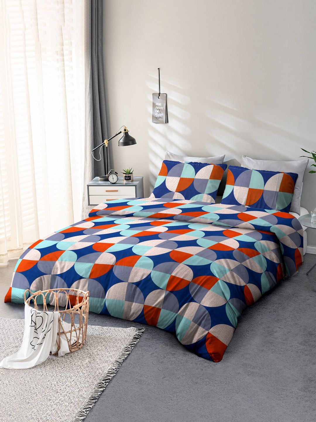 Aura Blue & Red Geometric 140 TC Queen Bedsheet with 2 Pillow Covers-picture-13