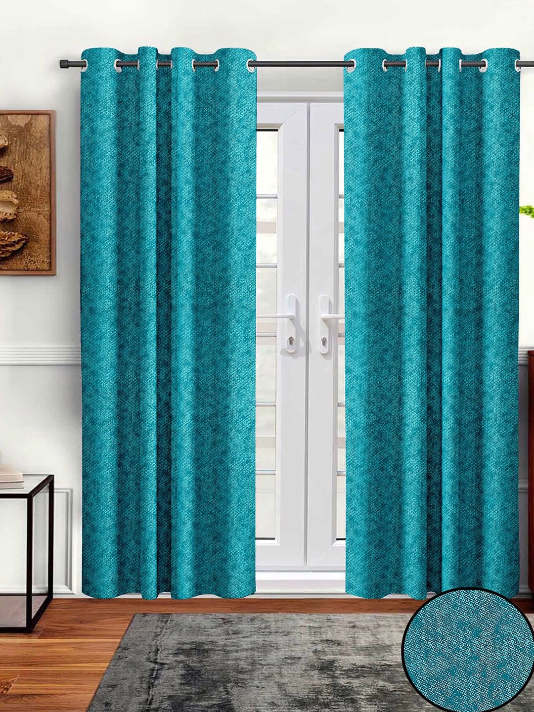 Aura Teal Blue 2 Pcs Abstract Printed Room Darkening Door Curtains-image-35