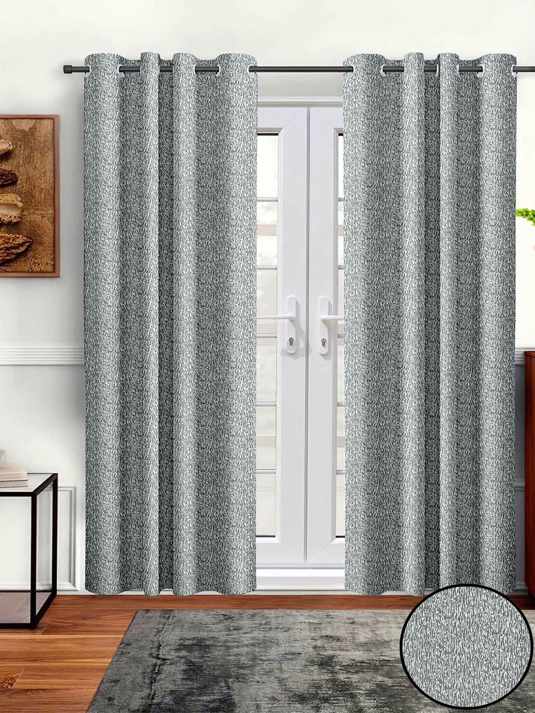 Aura Grey & White 2 Pieces Abstract Printed Eyelet Room Darkening Long Door Curtains-image-35
