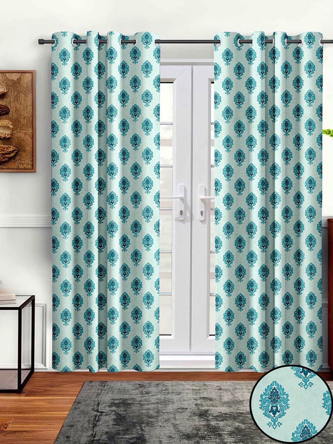 Aura Blue & Cream 2 Pieces Ethnic Motifs Room Darkening Long Door Curtains-picture-37