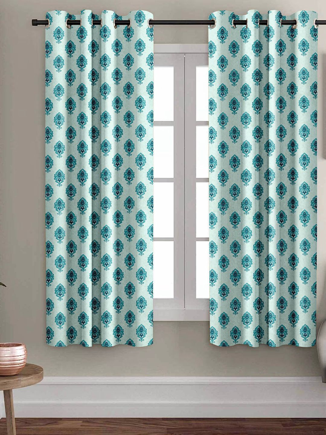 Aura Blue & Cream 2 Pcs Ethnic Motif Printed Room Darkening Window Curtains-image-3