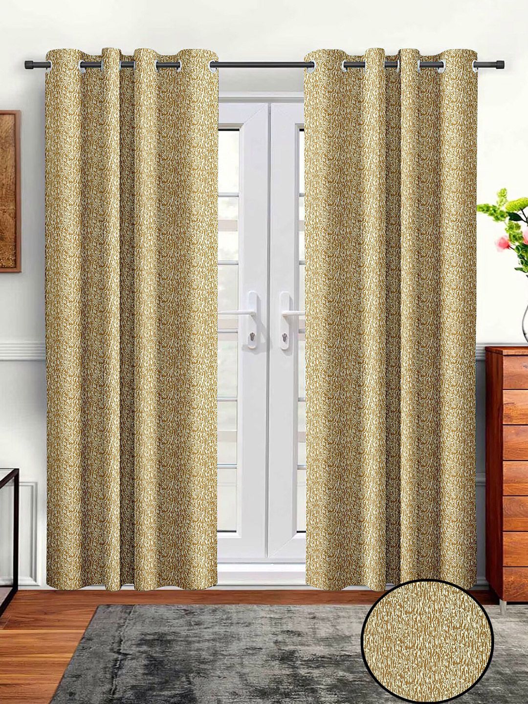 Aura Beige 2 Pieces Abstract Printed Eyelet Room Darkening Long Door Curtains-picture-34