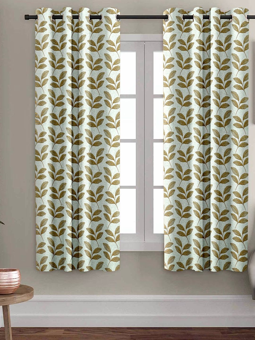 Aura White & Gold Toned 2 Pieces Leaf Printed Eyelet Room Darkening Window Curtains-picture-23