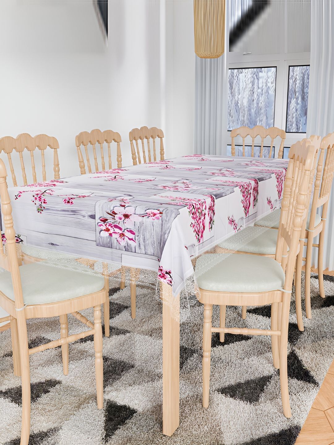 Kuber Industries Grey & Pink  Floral 2.74 m x 1.75 m Table Cover-picture-37