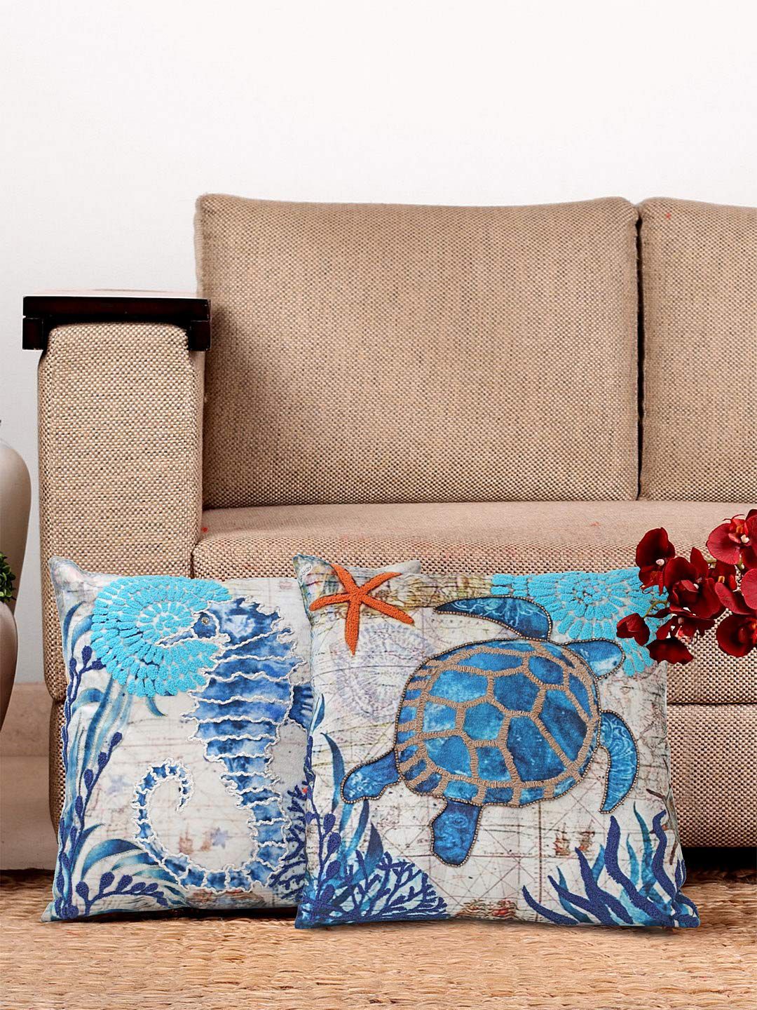 NISRAG HOME Beige and Blue 2 Pieces Embroidered Velvet Aqua Turtle Cushion Covers-picture-26