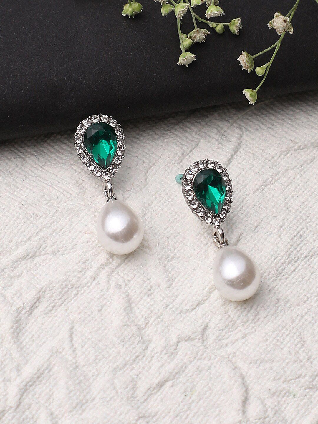 DressBerry Green Gold-Plated Stone Studded & Beaded Contemporary Drop Earrings-picture-12