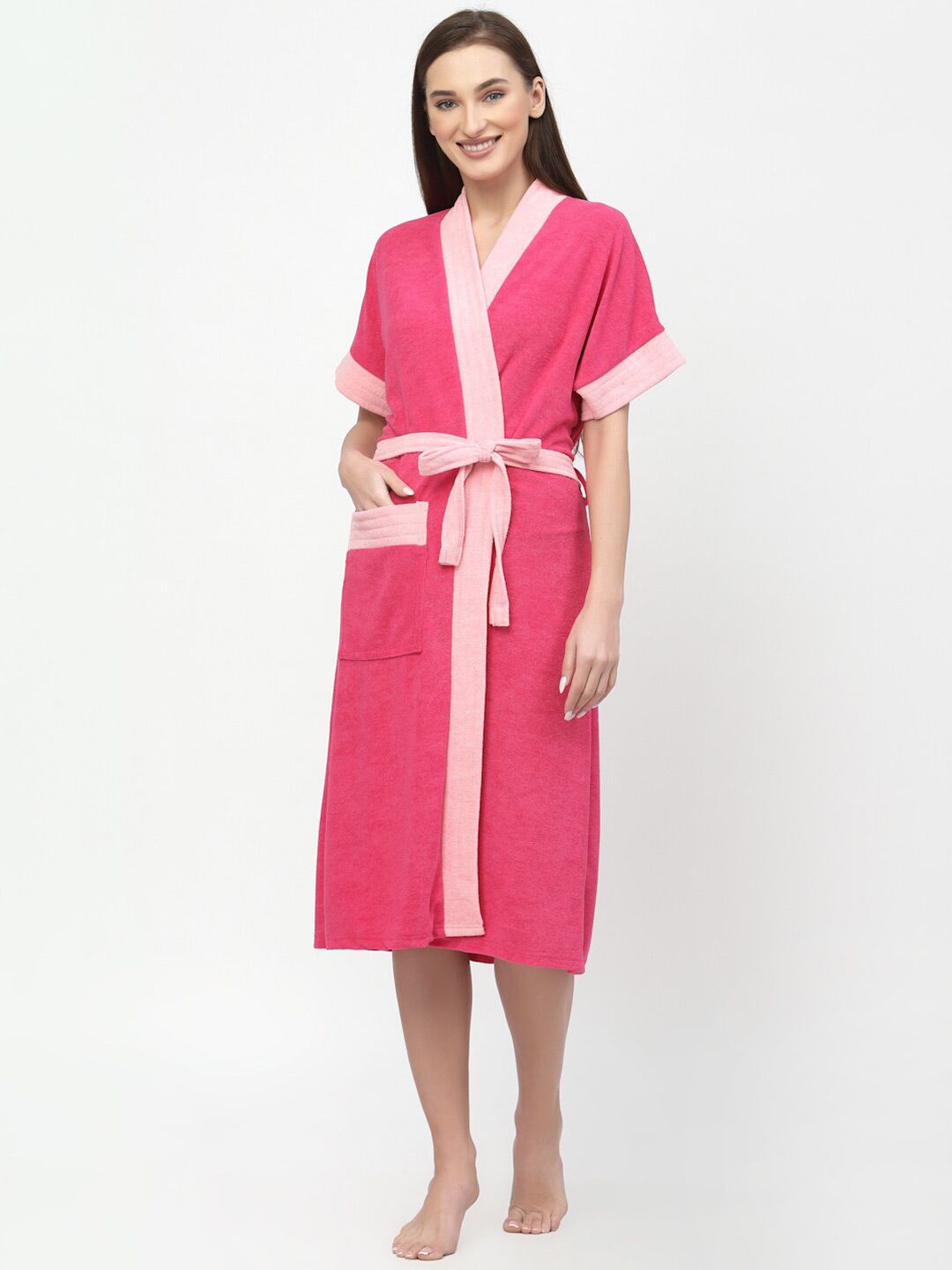POORAK Pink shawl collar Colourblocked Bath Robe-picture-18