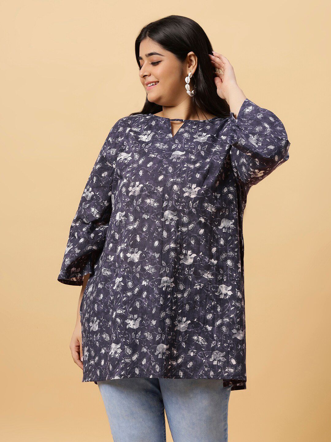 Sztori Purple Printed Keyhole Neck Pure Cotton Straight Kurta-picture-32