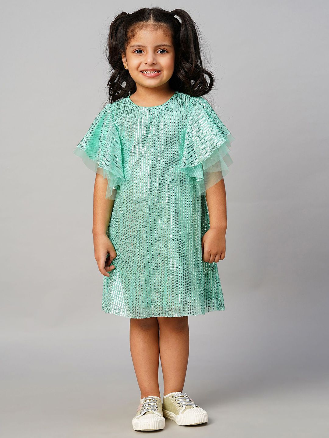 LIL DRAMA Girls Sequined Flutter Sleeves A-Line Dress-picture-36