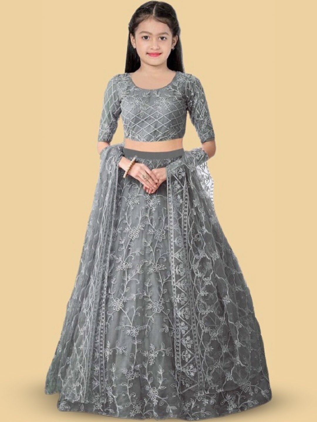 BAESD Girls Ethnic Motif Embroidered Net Lehenga & Blouse With Dupatta-picture-38