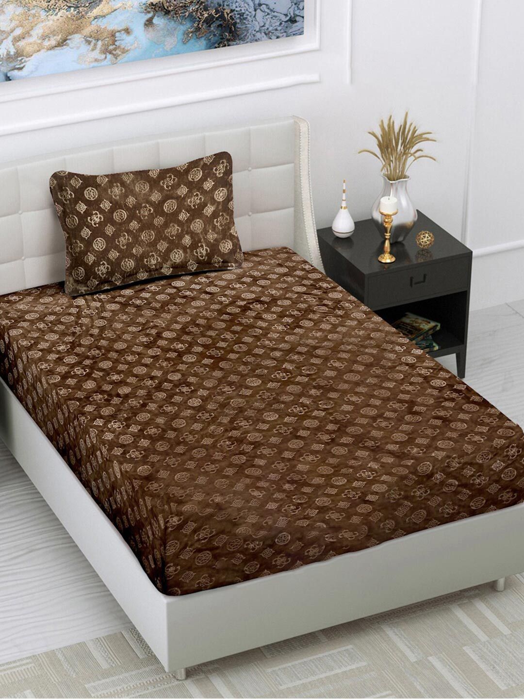 FABINALIV Brown Geometric 300 TC Woollen Embossed Single Bedsheet with Pillow Cover-picture-38