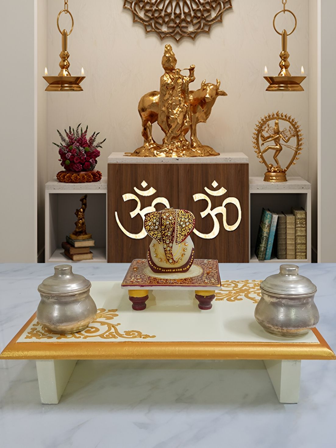 Lal Haveli Peetalu   Off White Wooden Pata Stool For God-picture-12