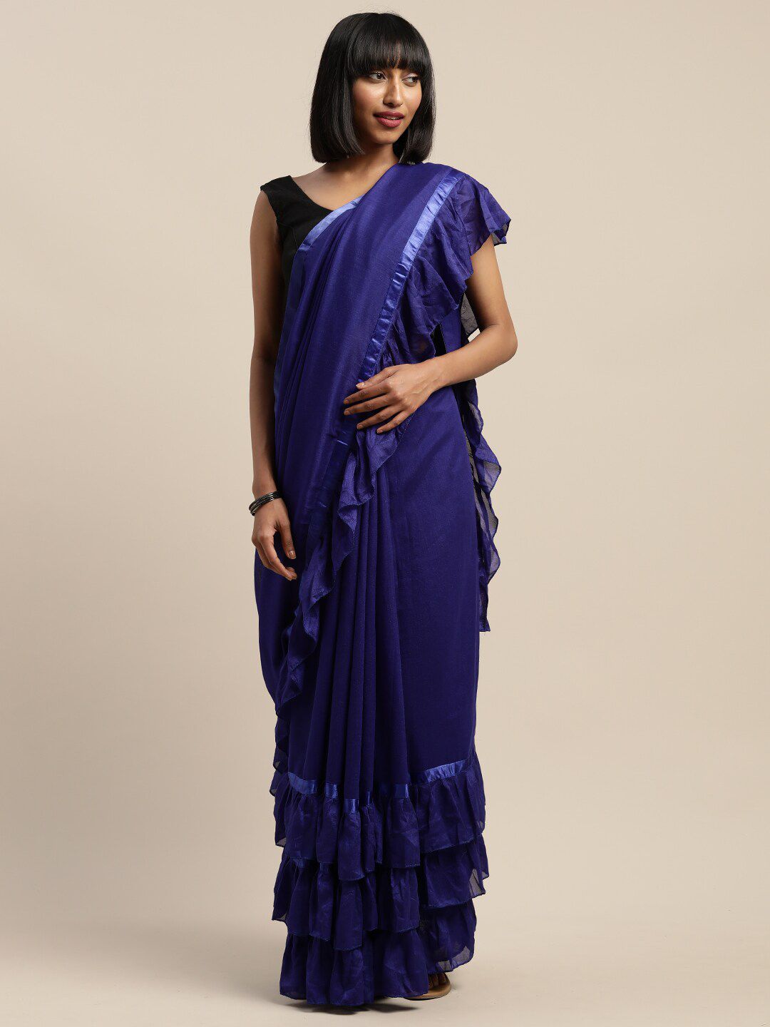 Mitera Navy Blue Sequinned Ruffles Saree-picture-25