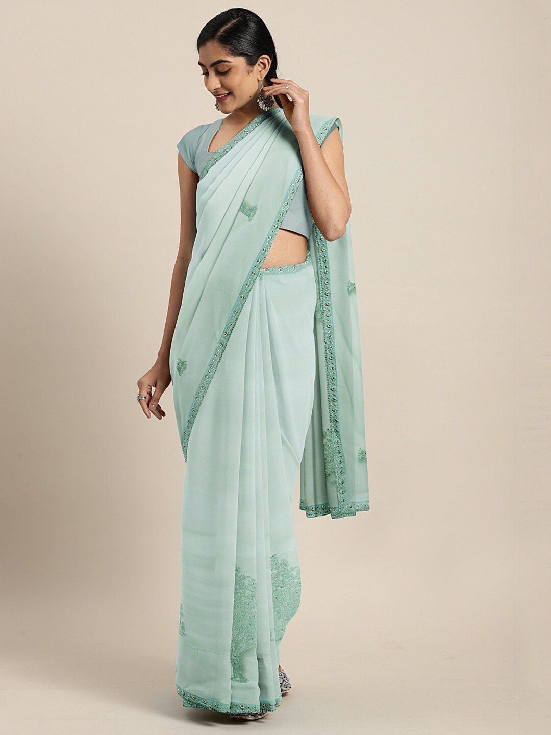 Mitera Teal Floral Embroidered Beads and Stones Saree-image-18