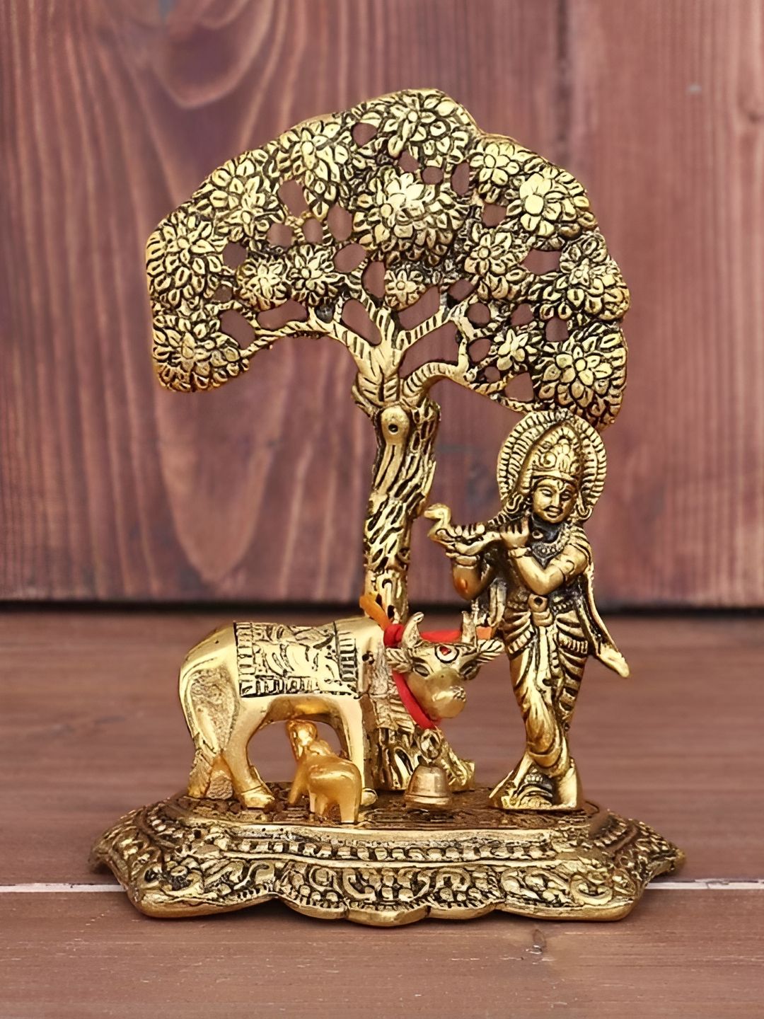 Navyaksh Gold Toned Metal Krishna with Cow Standing Under Tree Showpiece-picture-11