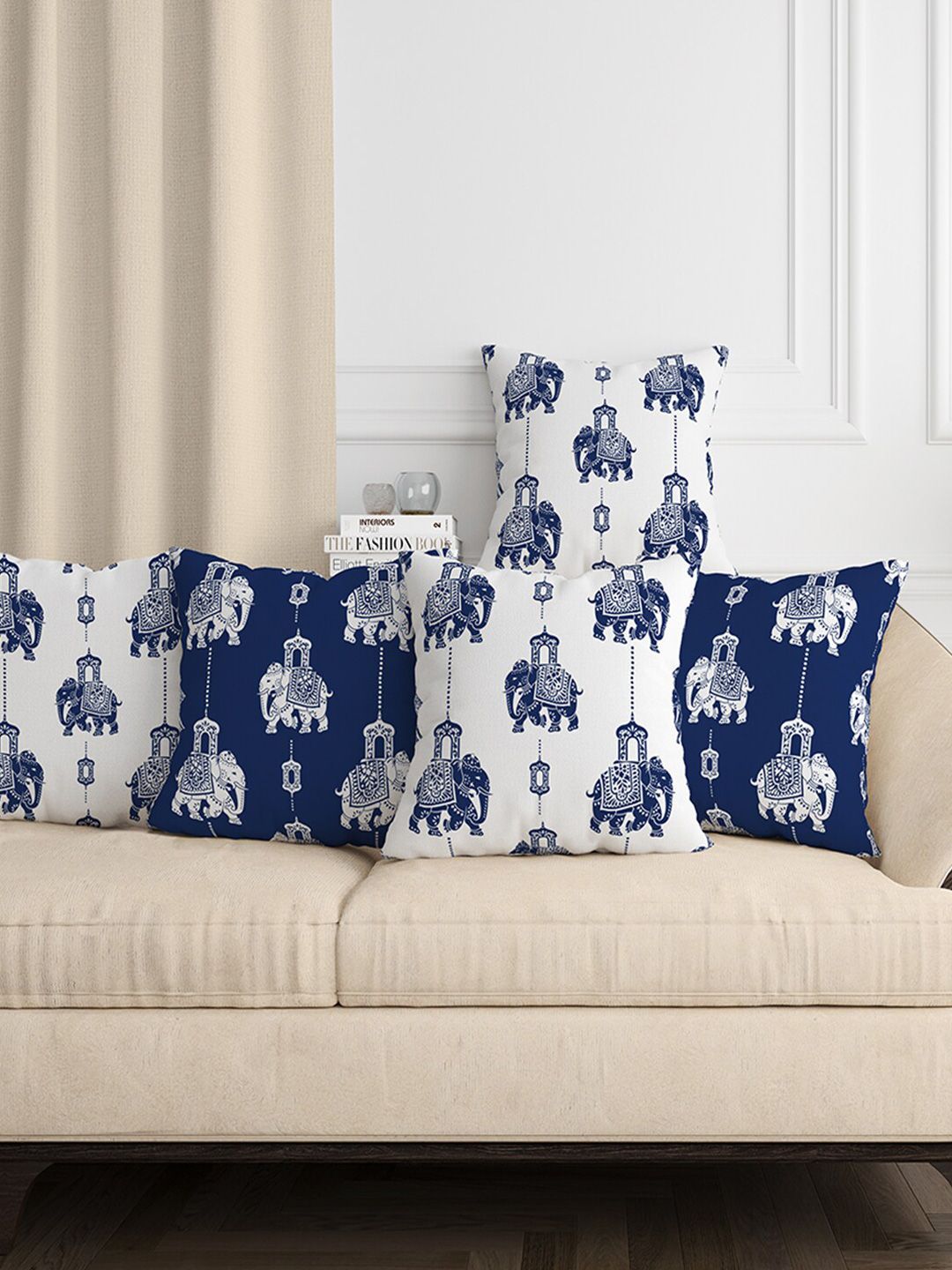 Aura Blue & White 5 Pcs Ethnic Motifs Square Cushion Covers-picture-52