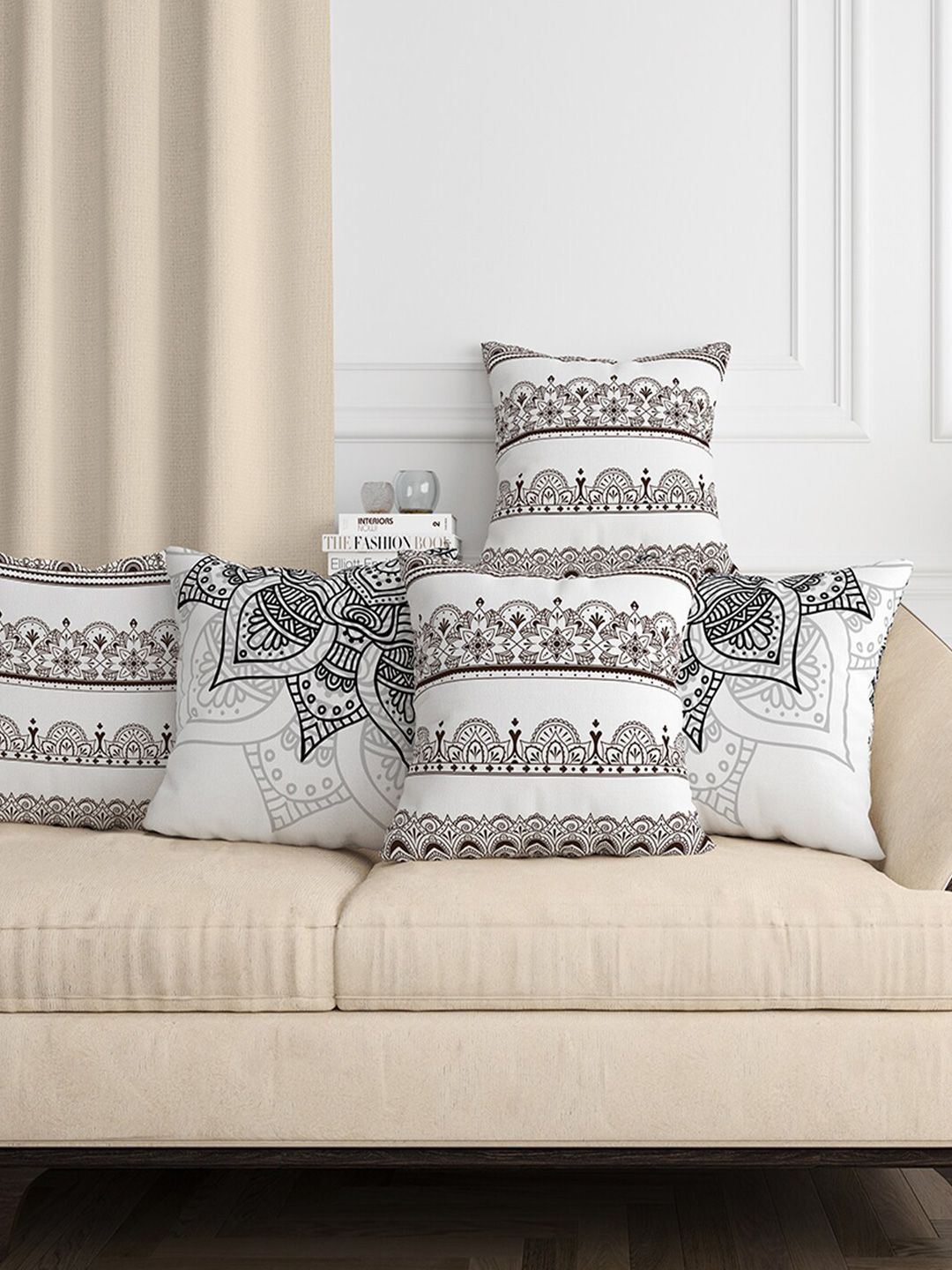 Aura Black & White 5 Pieces Ethnic Motifs Square Cushion Covers-picture-31