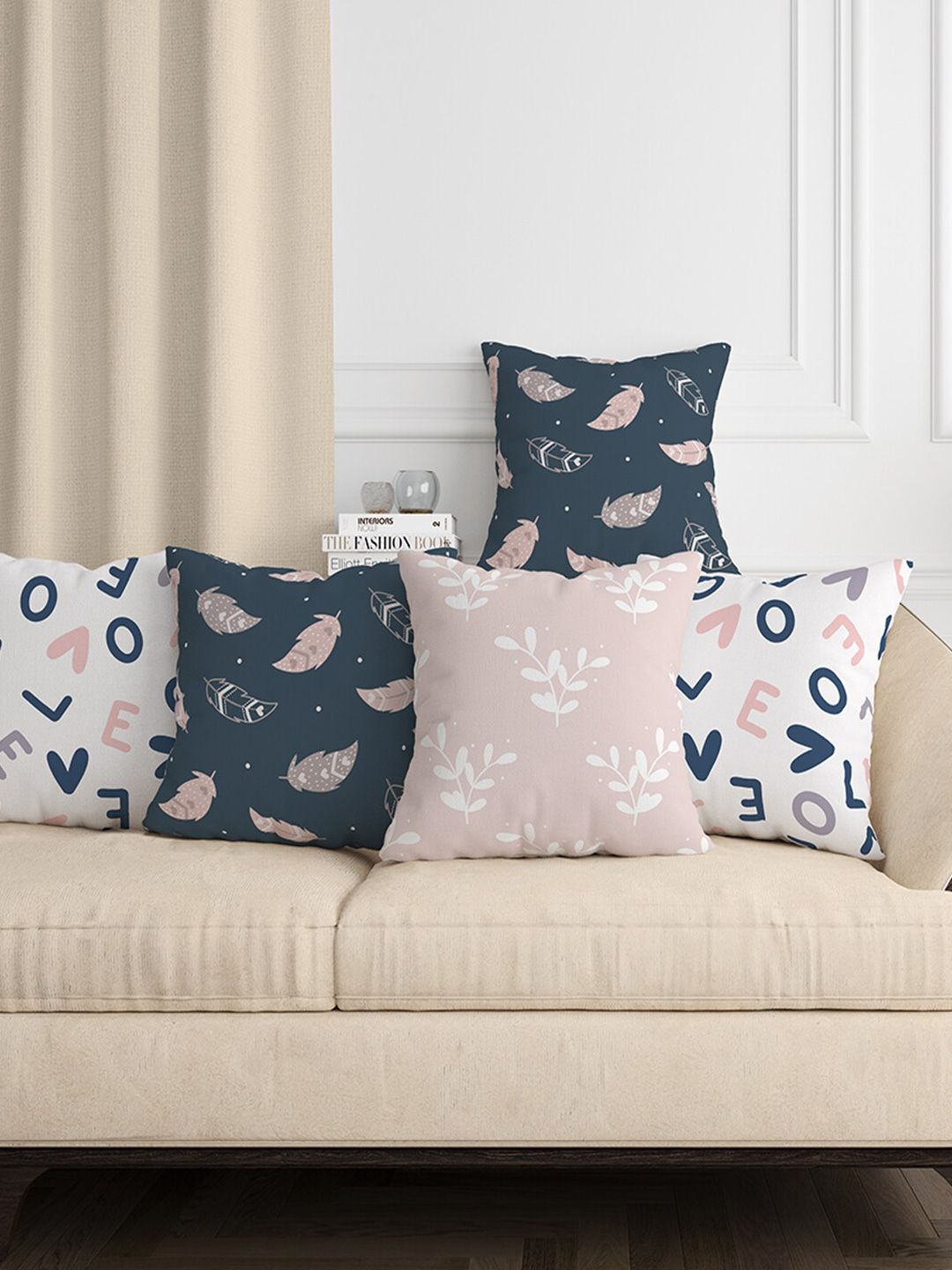 Aura Blue & White 5 Pieces Floral Square Cushion Covers-image-45