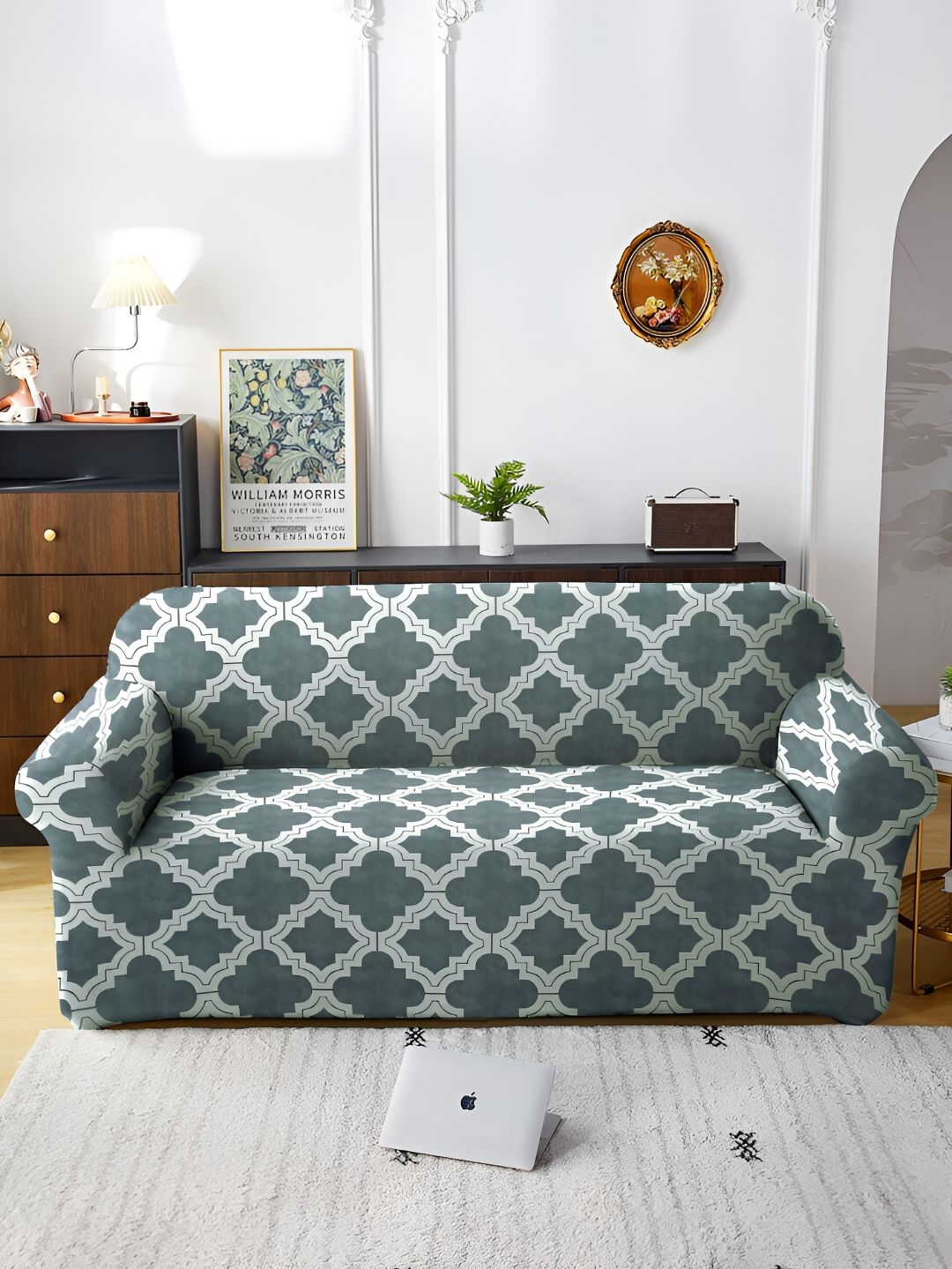 Aura Grey & White Printed Stretchable 3 Seater Sofa Cover With Arms-picture-47