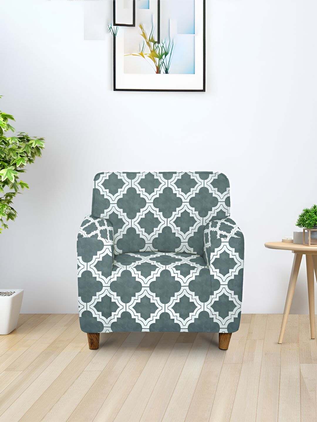 Aura Grey & White Printed Stretchable 1 Seater Sofa Cover With Arms-picture-49