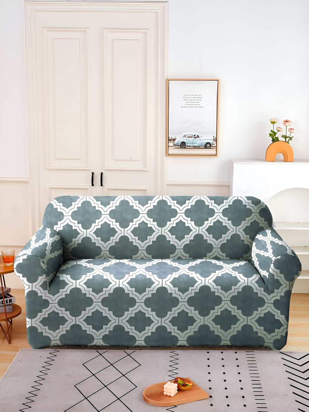 Aura Green & White Stretchable Printed 2 Seater Sofa Cover-image-47