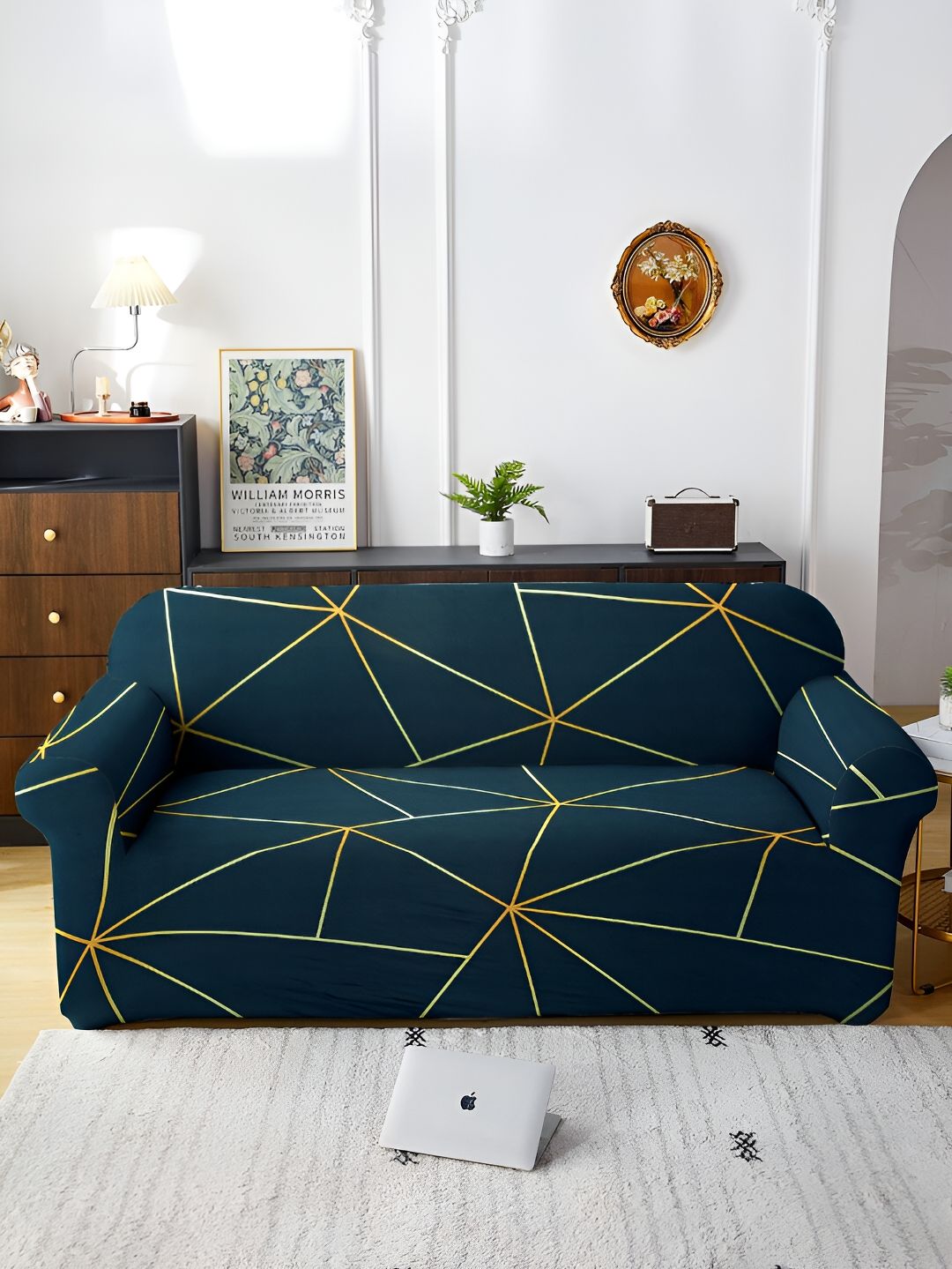 Aura Green & Yellow Printed Stretchable 3 Seater Sofa Cover With Arms-image-39