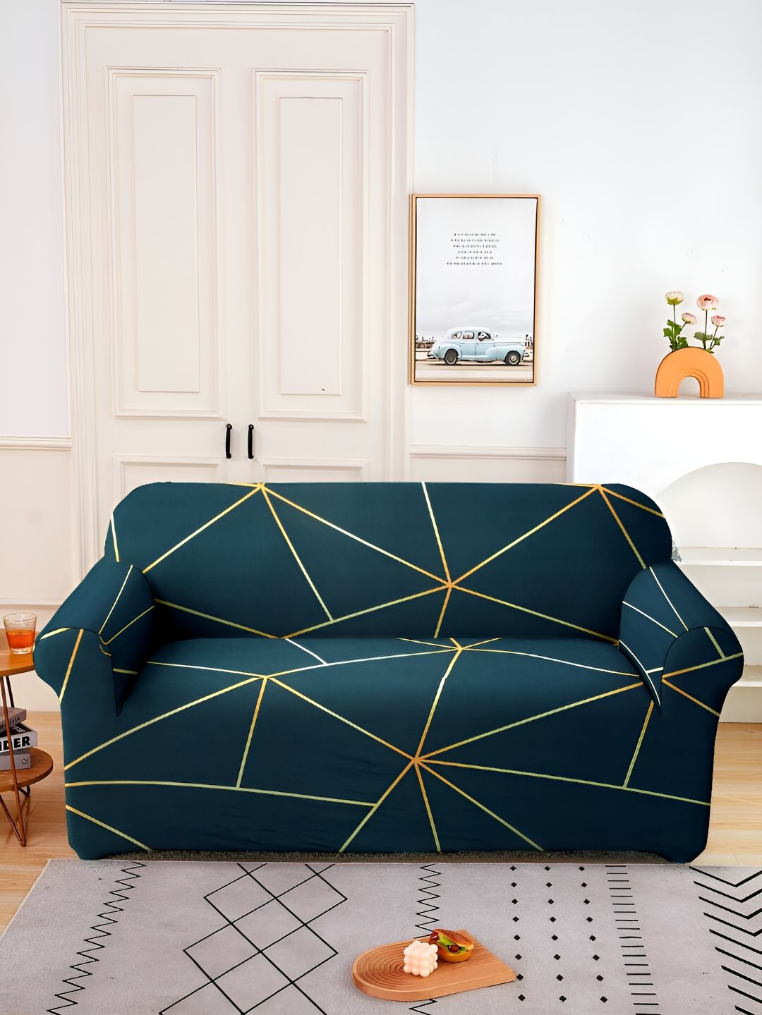 Aura Green & Orange Printed Stretchable 2 Seater Sofa Cover With Arms-picture-48