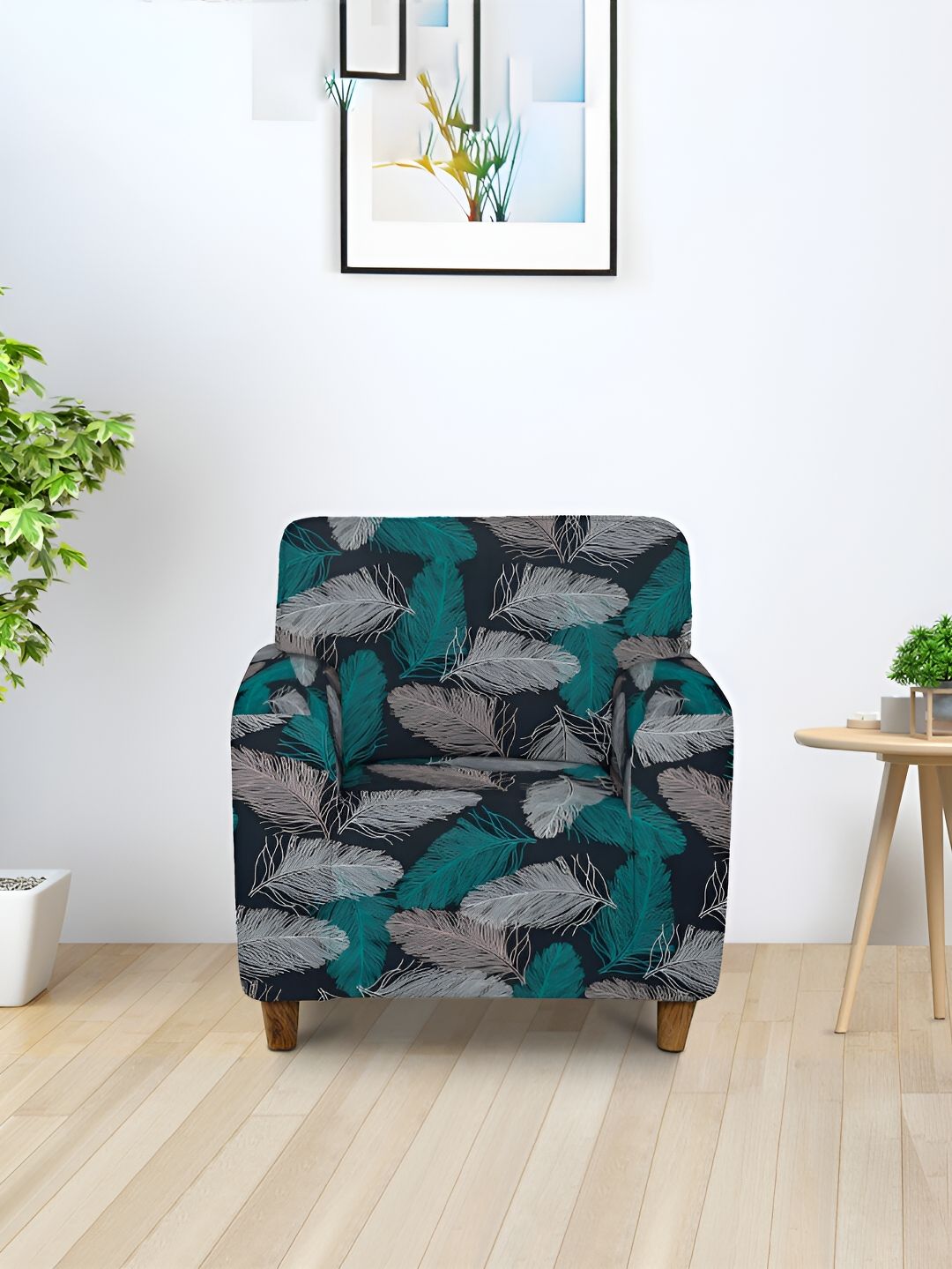 Aura Black & Blue Printed Stretchable 1 Seater Sofa Cover With Arms-image-44