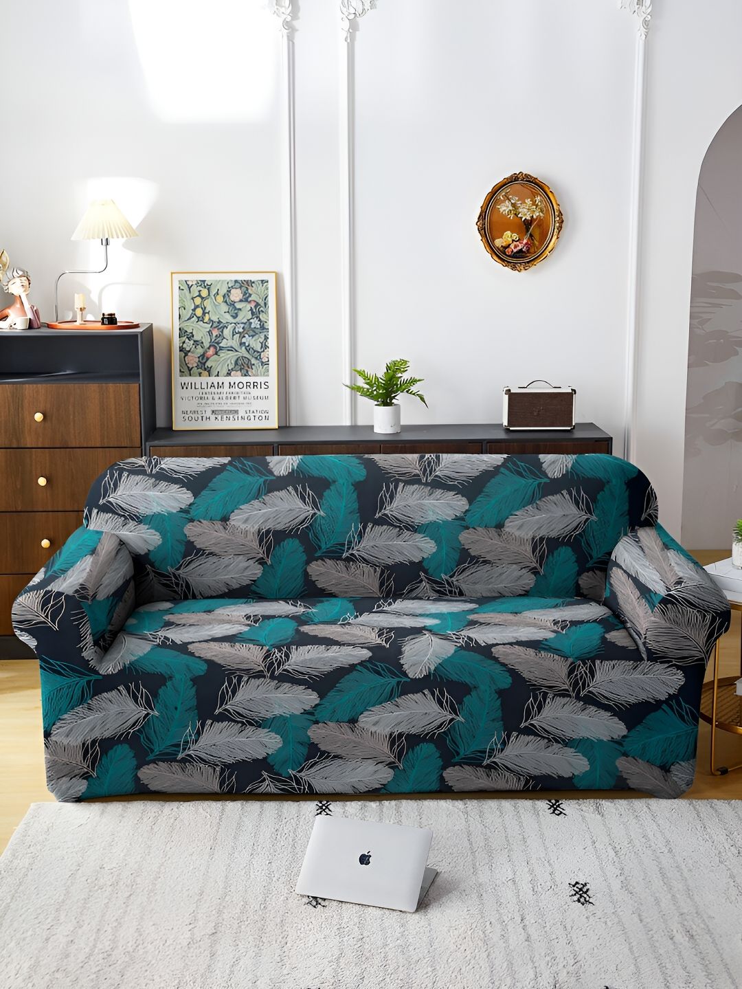 Aura Green & Black Printed Stretchable 3 Seater Sofa Cover With Arms-image-31