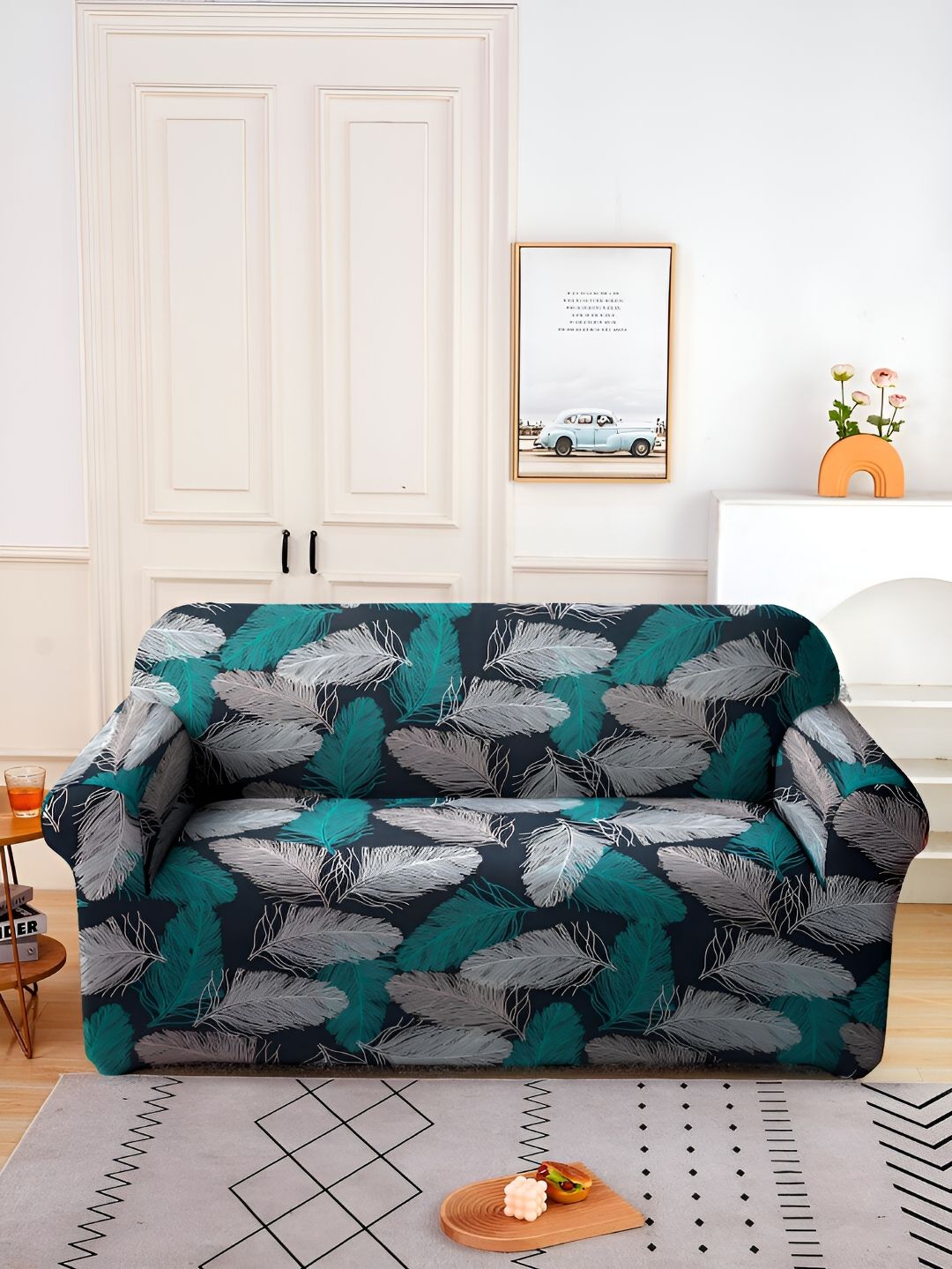 Aura Green & Pink Printed Stretchable Two Seater Sofa Cover With Arms-image-45